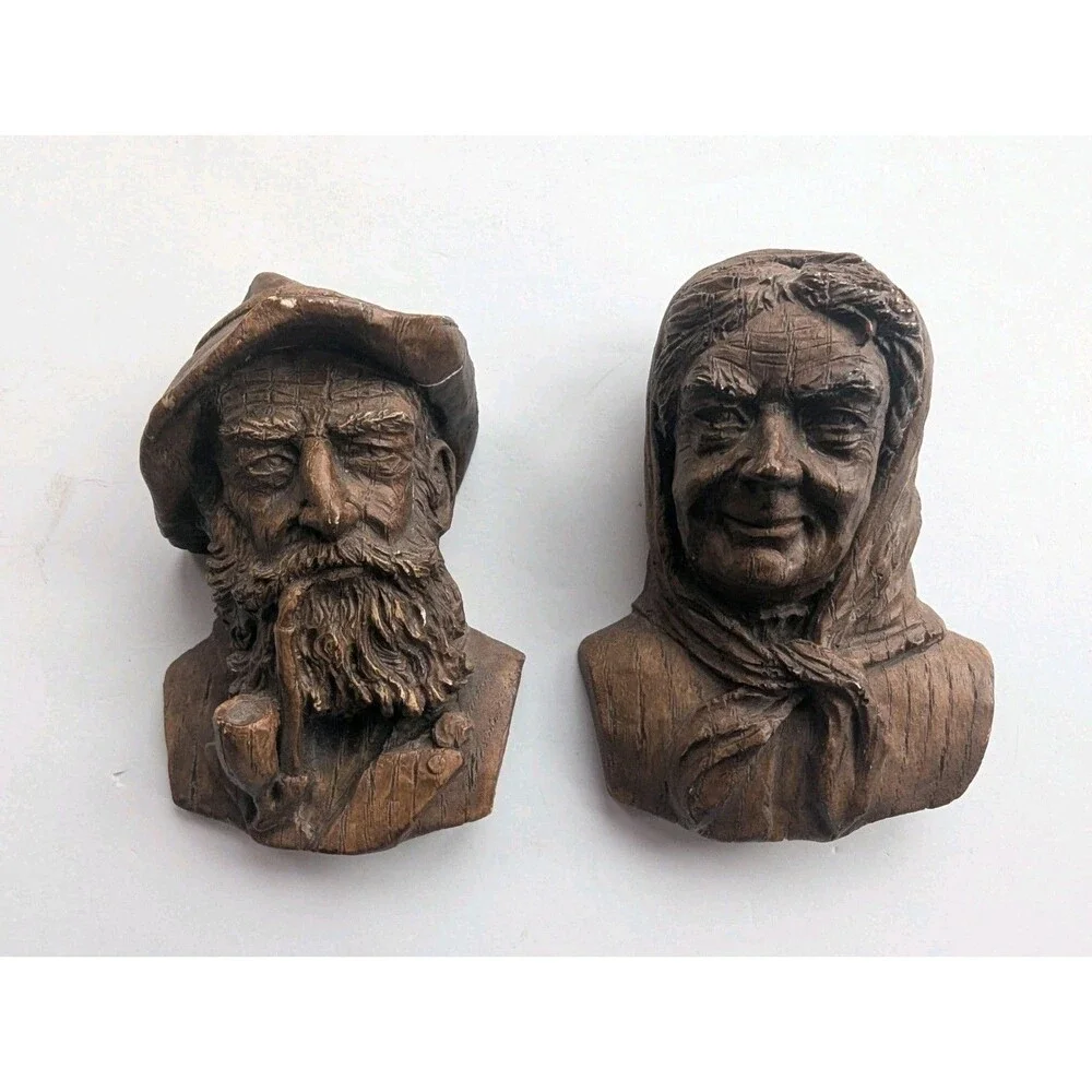 Vintage Folk Peasant Art Hand Faux Carved Wood Figure Wall Plague